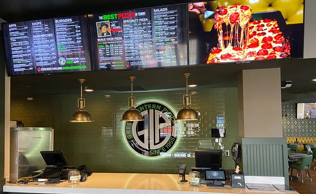 Lighted logo and menu board sign for pizza parlor